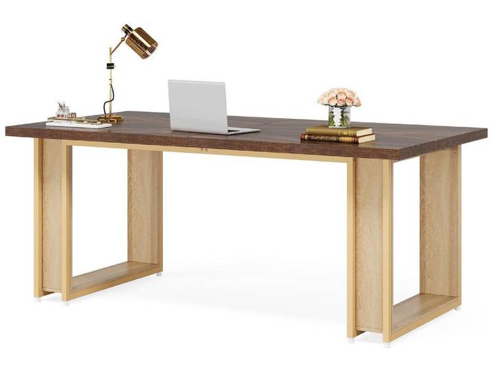 Schreibtisch 160cm Büro rustikal braun Holz Metall Kufengestell