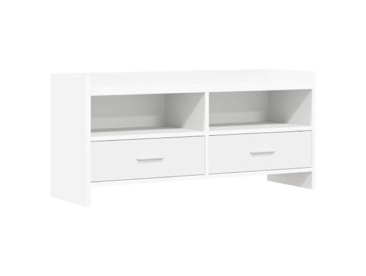 hliofuir TV Lowboard Schrank 2 Schubladen 100x33x47 cm Weiß Holzwerkstoff Kompakter Fernsehschrank für Wohnzimmer und Schlafzimmer, bietet geschützten Stauraum und offene Fächer für Zubehör.