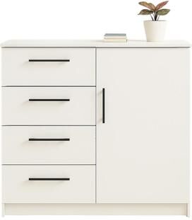 Benjara Roby Large Dresser Chest, 4 Drawers w Cabinet, 47 Inch, White Melamine