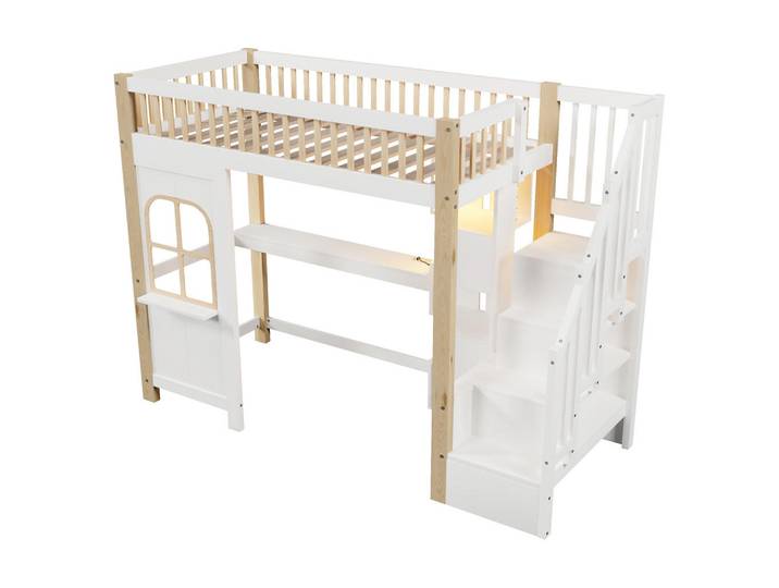 ComfortXL Hochbett 90/200 cm De-04834, mit Led, Fensterform und Schreibtisch in Weiß/Natur, Weiß, Naturfarben, Holz, 90x200 cm, Babymöbel & Kindermöbel, Kinderzimmer & Jugendzimmer, Kinderbetten, Hochbetten