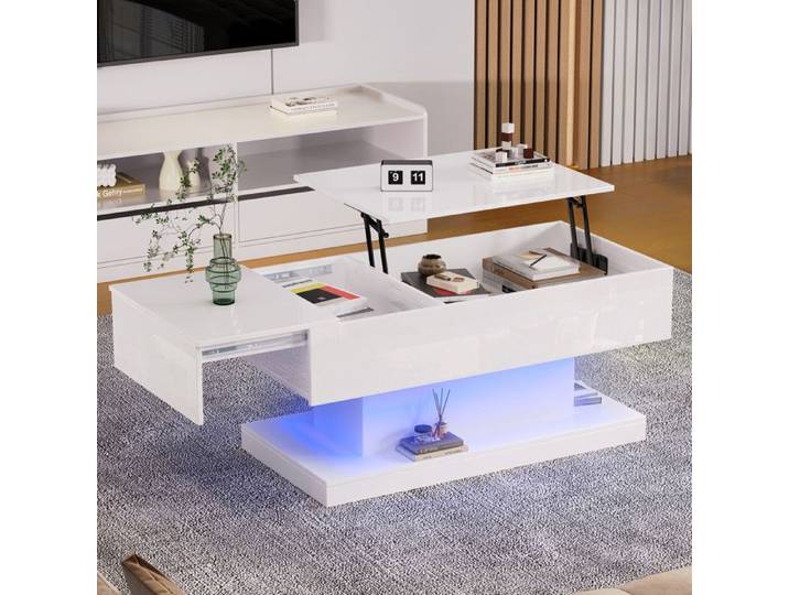 Table basse relevable - DREAMMESPACE - 100x50x45cm - LED - Brillante - Rangement intégré