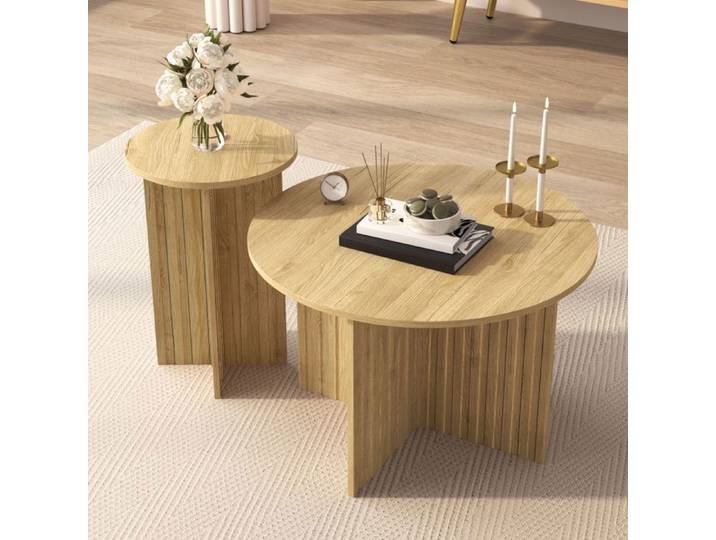 Ensemble de 2 Tables Basses Gigognes Rondes Bois Naturel – Design Scandinave Rainuré - Table Appoint de Salon