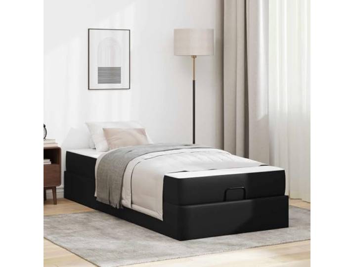Matte Oberfläche Schlafzimmer Bettgestell Holz Metall Schwarz 80 x 200 cm Bettgestell mit Matratze 2er Set Schwarz PVC Stabiler Lattenrost Stauraum Hochdichte Schaumstoffmatratze 80x200 Schlafzimmer