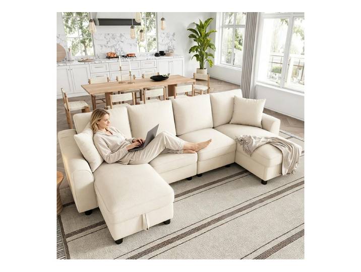 Merax Ecksofa U-Form 4-Sitzer Ecksofa, Sofa Mit 2 Bettkasten, Chenille Ecksofa, 1 Teile, Mit 2 Chaiselongues, Wohnlandschaft Mit Kissen, Modulares Soffa, Couch