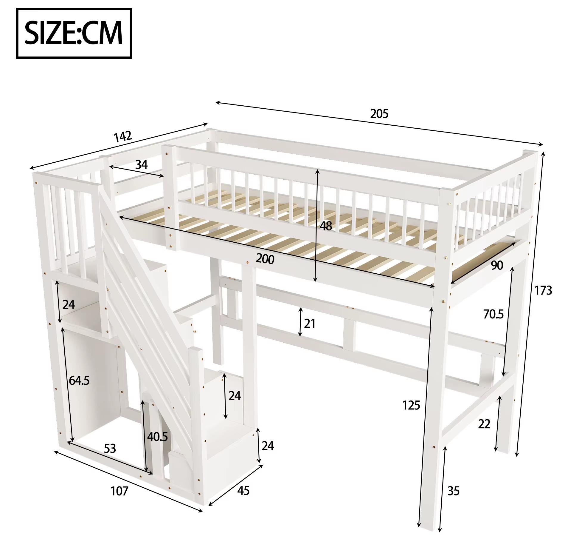 Massivholz-Bettgestell - Etagenbett mit Treppe - Stauraumschrank - Hohes Geländer - 90 x 200 cm - Weiß
