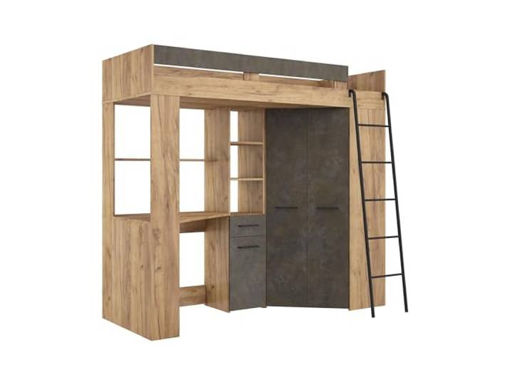 FurnitureByJDM Hochbett mit Schreibtisch und Schrank Kinderbett 80x200 cm mit Stauraum – Jugendzimmer Komplett Set– Platzsparendes FLOOR(Craft Gold Granada Braun,Rechte Leiter)