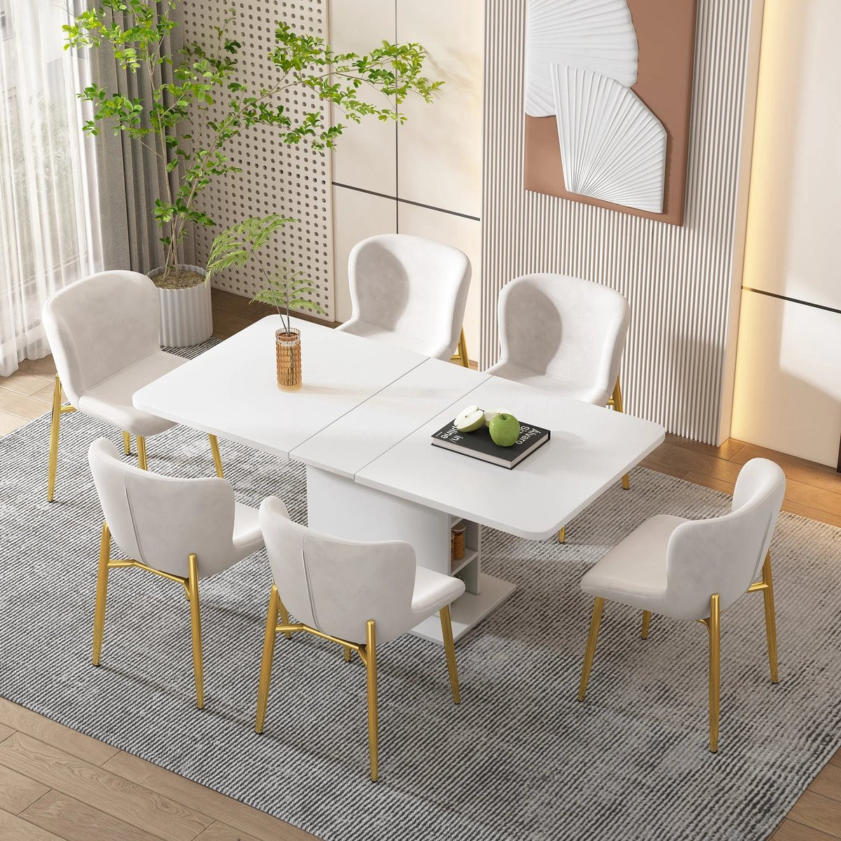 Uitschuifbare eettafel met opbergruimte en inzetblad - Moderne multifunctionele keukentafel - Wit