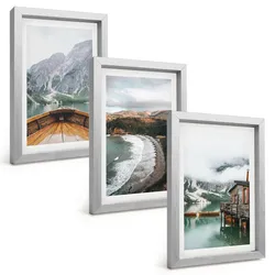 BILDER SET 3er Set - 20x30 cm Silberner Rahmen - Berge, See, Boot, Strand, Landschaft