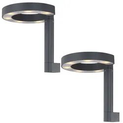 Wandleuchte Aussen LED Wandlampe Aluminium Kunststoff Leuchten Aussen satiniert grau, Ring-Design, 1x LED 6W 280Lm warmweiß, HxBxT 20x22x22,5 cm, 2er Set