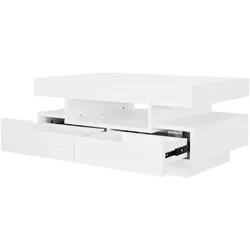 Couchtisch 80x50x36 cm mit Hochglanzoberfläche und LED-Lichtleiste, 4 Schubladen, Weiß, ideal für Ihr Wohnzimmer