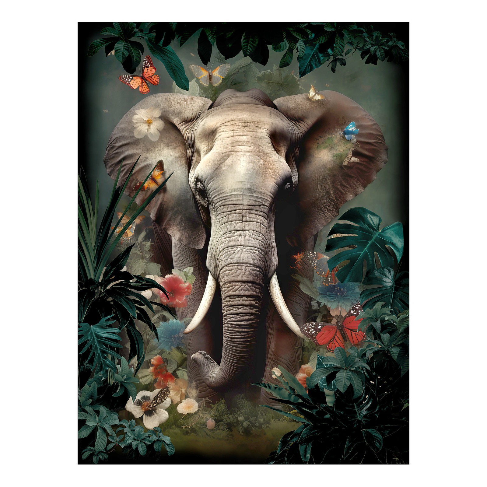 home24 Glazen afbeelding Elephant In The Jungle floatglas groen/grijs/rood 60 x 80 cm