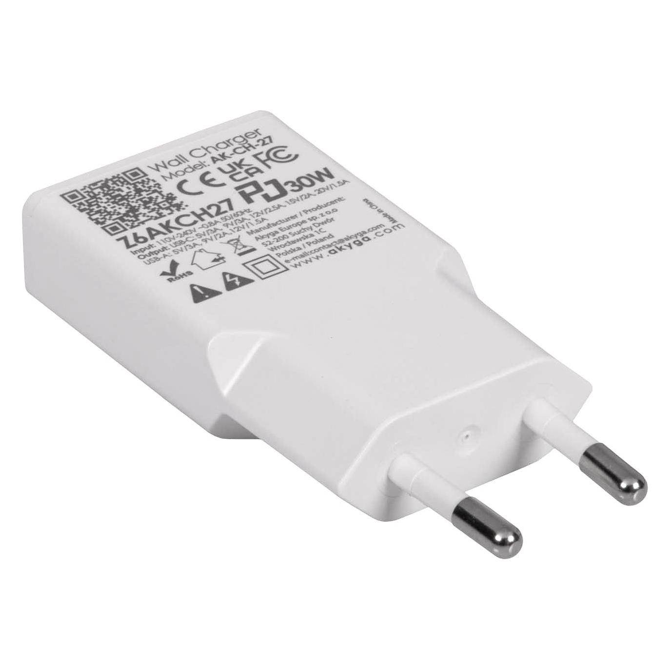 Akyga AK-CH-27 USB-A/USB-C PD 30 W Quick Charge 3.0 GaN Weiss (30 W, 2 Ports) (AK-CH-27)