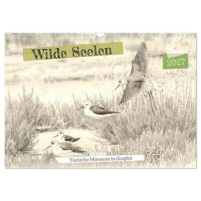 Wilde Seelen - Tierische Momente in Graphit (Wandkalender 2027 DIN A3 quer), CALVENDO Monatskalender