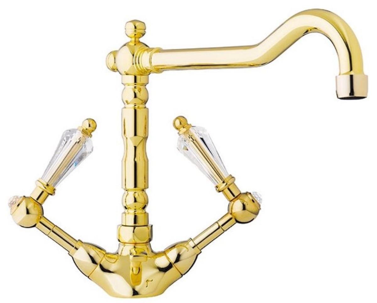 Casa Padrino Luxus Jugendstil Waschtisch Armatur mit Swarovski Kristallglas Gold H. 23,5 cm - Nostalgisches Bad Zubehör - Luxus Qualität - Italy