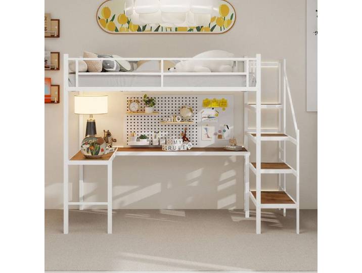 Lit mezzanine 90x190 cm avec bureau en L Cadre de Lit Adulte Lit 1 personne Lit Adulte Blanc