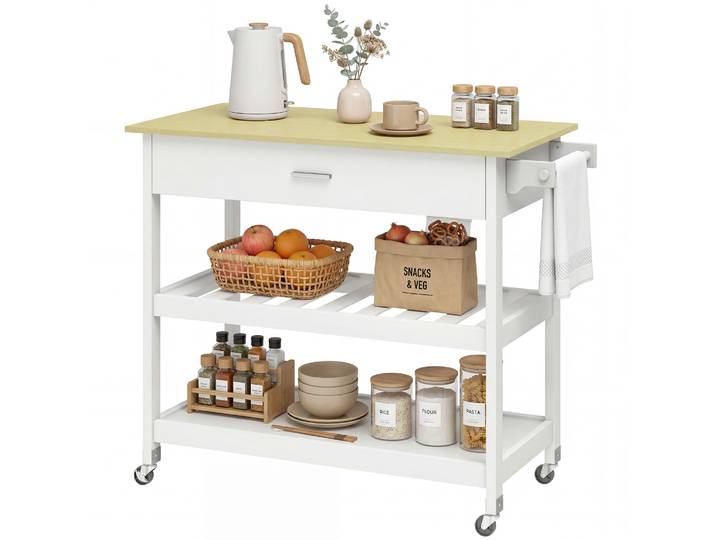 HOMCOM Desserte de cuisine à roulettes, îlot central cuisine avec plan de travail, tiroir, étagères, porte-serviettes, blanc