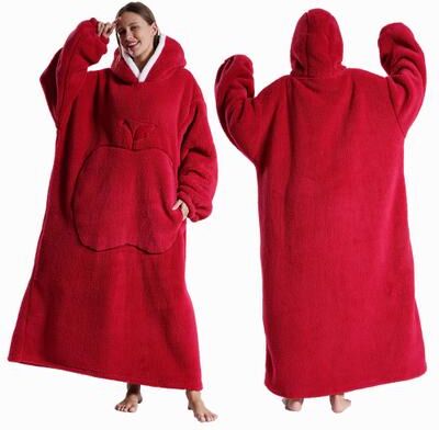 Handpicked Choices Ultra Soft Wearable Blanket Hoodie With Full Sleeves For Men And Women Cozy Oversize Flannel Throw red 1pcs