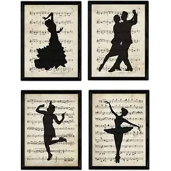 POSTER Set mit 4 Jahrgang Tänzerinnen und Tänzer Musiknoten A4 Schwarzer Rahmen