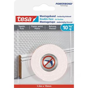 Tesa Montageband Powerbond Tapete&Putz, 1,5mx19mm, stark, doppelseitig, weiß