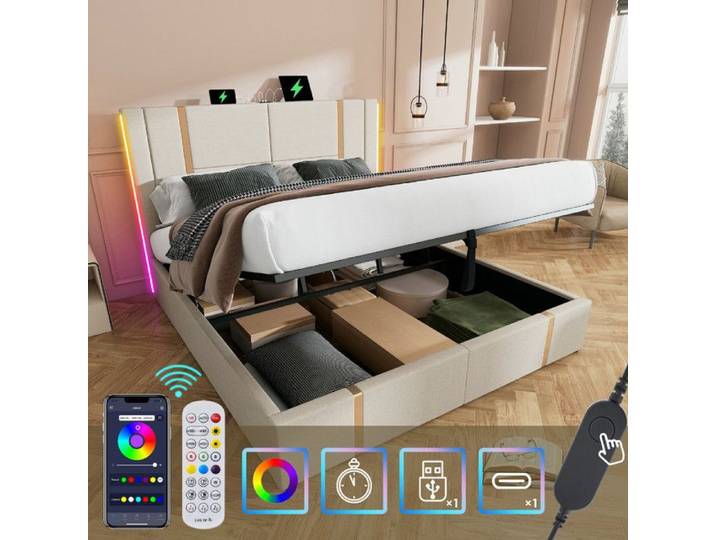 Lit coffre - VVBV - 160x200 - LED RGB - Rangement coffre - Port USB Type-C