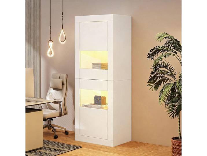 Blanc Vitrine avec éclairage LED 1 fond en verre 61x42x162 cm Vitrine vitrine autoportante armoire haute armoire de rangement