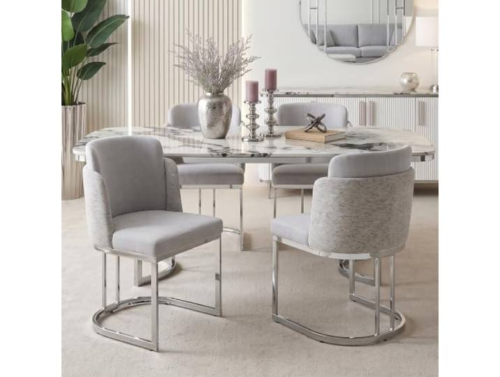 DUlVBPE 4 Esszimmerstühle, bequem und atmungsaktiv, geeignet für Restaurants, Wohnzimmer, Cafés und andere Orte, moderner Stil, Silber galvanisierte Stuhlbeine, Chenille-Stoff, Hellgrau + Silber