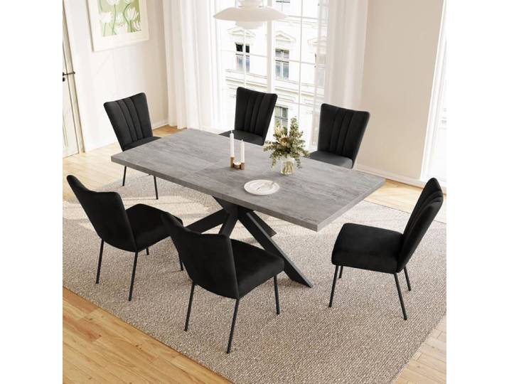 JIEXI Ensembles de salle à manger pour 4 à 6 personnes table à rallonges (table 130-170 cm + 6 chaises noires)