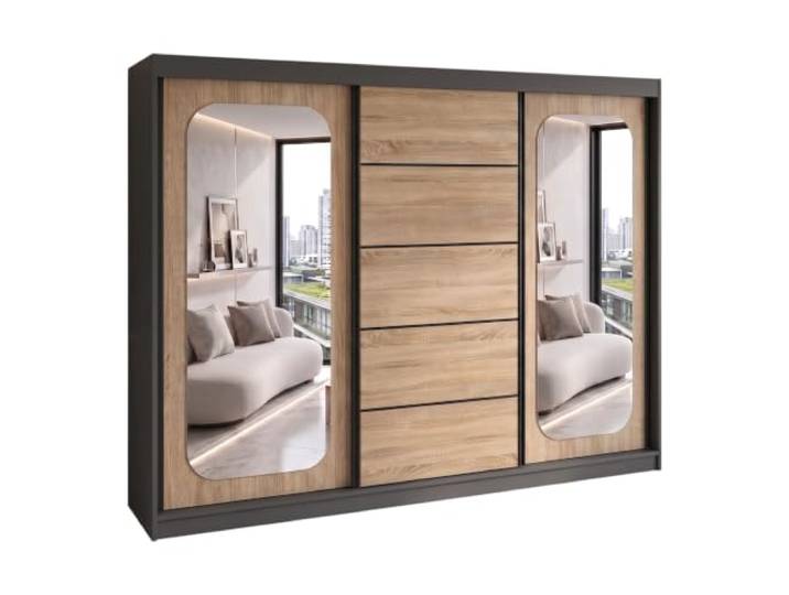 A&J MöbelLand BELANO Kleiderschrank mit Spiegel, Schwebetürenschrank 200 x 215 x 59,5 cm, 4 Schubladen, Kleiderstangen und Einlegeböden, Graphit/Sonoma, Premium