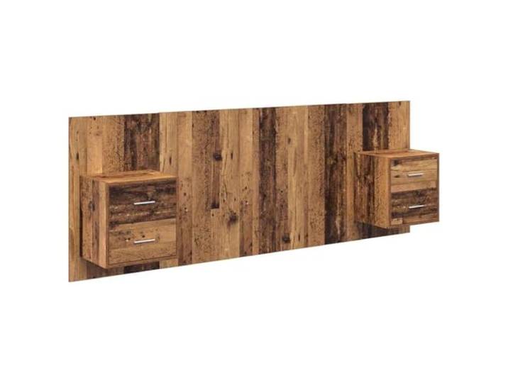 Kopfteil mit Nachttischen 3-teilig aus Holz in Holzoptik Wandmontage, große Lagerung, Metallgriffe, einfache Reinigung, Altholz-Finish