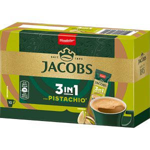 Jacobs Kaffee 3 in 1 Pistachio, löslicher Kaffee mit Kaffeeweißer & Zucker, 10 Portionssticks