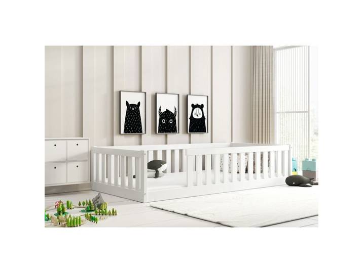 Lit au Sol Enfant 90x190 Bella - Blanc - en Bois Massif Pin avec Barrière de Sécurité Anti-chute et Sommier à Lattes - Montessori