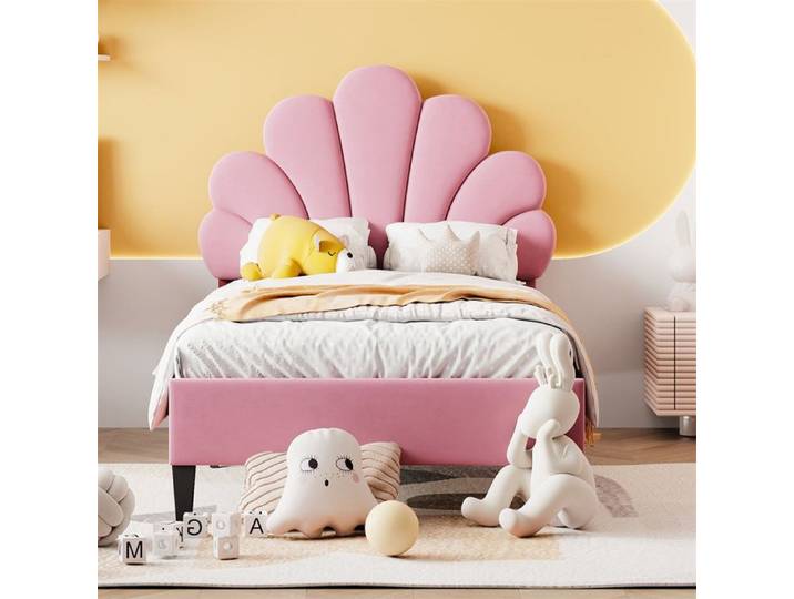 DRIPEX Lit simple en tissu velours Rose 90 x 200 cm Lit enfant avec tête de lit en forme de fleur et sommier à lattes Rose