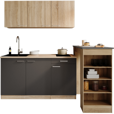 Pantryküche RESPEKTA "Ingrid, inkl. Tresentisch", braun (küche: grau, front: grau, eiche nordic, korpus: eiche nordic, arbeitsplatte: eiche nordic), B:150cm H:200cm T:60cm, Komplettküchen-Sets, zerlegt, wahlweise mit Kühlschrank,...