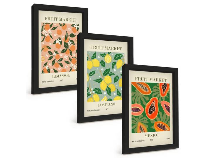 Tulup Bilder SET 3er Set - 20x30 cm Schwarzer Rahmen - Zitrusfrüchte, tropischer Retro-Stil, Kunststoff, Rechteckig, 20x30 cm, einfache und schnelle Anbringung, Bilder & Rahmen, Bilder