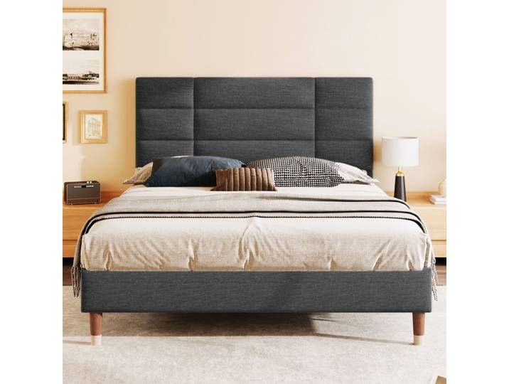 Lit rembourré 140x200cm avec tableau noir cadre rembourré avec tête en lin gris foncé sans matelas