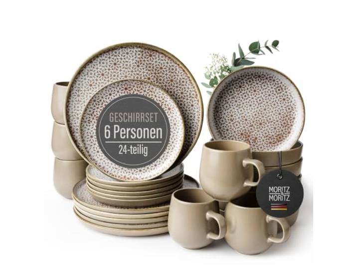 Moritz & Moritz Geschirrset mit Tassen 6 Personen 24-tlg. - Servierteller, Suppenteller, Dessertteller & Tassen - Modernes Geschirr Set spülmaschinenfest & mikrowellengeeignet - Serie Alhambra