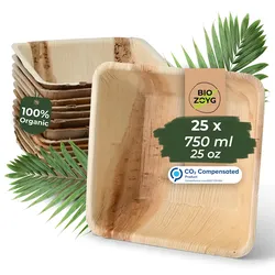 BIOZOYG 25 Stück quadratische Einwegschalen Palmblattschalen 750ml für Partys, umweltfreundliches Biogeschirr, Einmalgeschirr, biologisch abbaubar