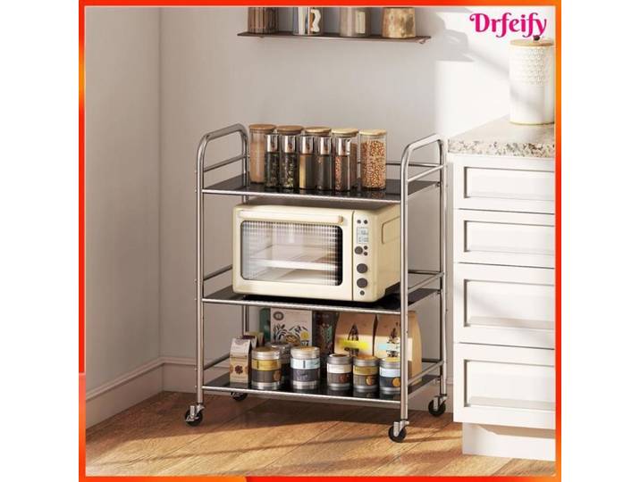 Desserte cuisine - AKOZON - 12386 - Inox 201 - 3 niveaux ajustable - 4 roues (2 freins)