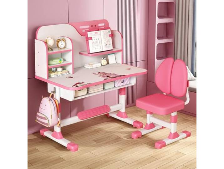 Kinderschreibtisch und Stuhlset, höhenverstellbarer Studie Kinderschreibtisch, verbreiterter Tischplatte, goldenes Distanzdesign zur Vorbeugung von Kurzsichtigkeit, für Jungs & Mädchen (Rosa-A)