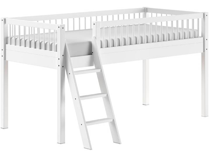 Spielbett, Massivholz Eiche, Weiß, 90×200 cm, Halbhoch mit Absturzschutz & Leiter, Klassisch, Home Affaire