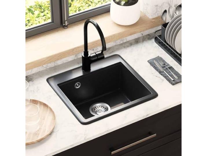 Küchenspüle 470 x 440 mm schwarz Quarz und Harz Sopratop Einzelwanne, Granit-Verbundwerkstoff, 80 % Quarz, 20 % Harz, Ablaufgarnitur mit Korbventil für den Innenbereich