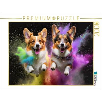 CALVENDO Puzzle Zwei Welsh Corgi Pembroke springen in einer bunten Holi Pulver Farbwolke | 2000 Teile Lege-Größe 90x67cm Foto-Puzzle für glückliche