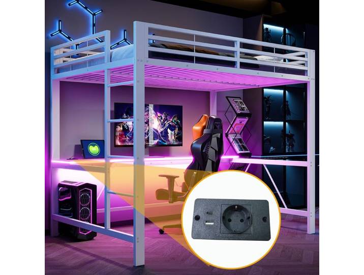 Lit Mezzanine gaming en métal 140x200 avec LED Lit Mezzanine 2 Place avec bureau et USB Blanc