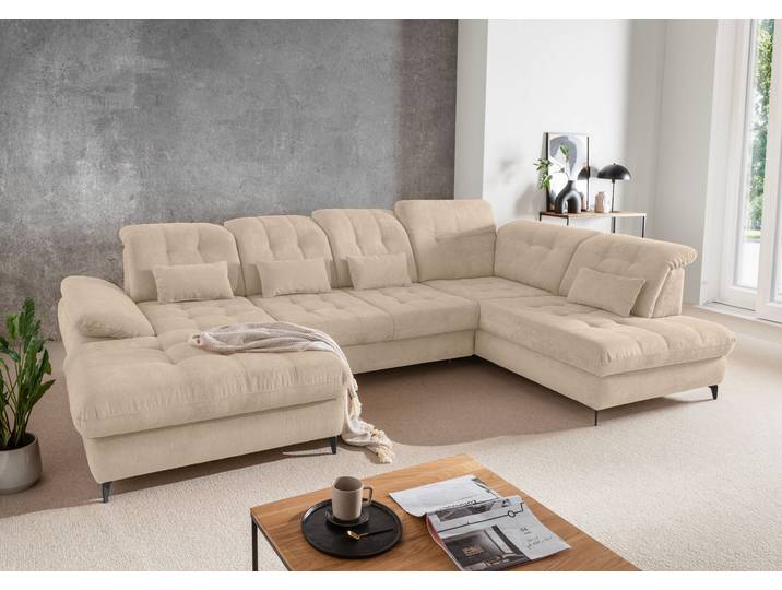 Ecksofa HOME AFFAIRE Delphino, Multifunktionen, 358 x 216 cm, modern & bequem , beige, B:358cm T:216cm, 100% Polyester, Sofas, Ecksofa, Microfaser, L-Form, Bettfunktion, Nierenkissen, Verstellungen