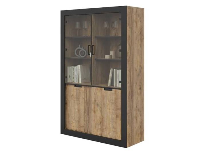Lomadox Wohnzimmer Vitrine Vitrinenschrank in Eiche mit Rahmen in Mattschwarz 2 Glastüren 2 Schiebetüren Industrial Stil Metallgriff