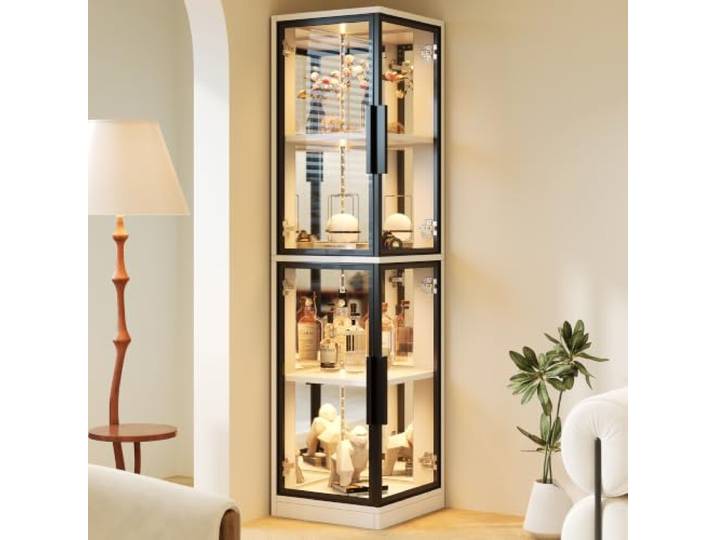 Merax Eckvitrine 44x42x164 cm mit doppelseitiger Glaspräsentation, Spiegelrückwand, LED-Beleuchtung, für Sammlerstücke, Weiß