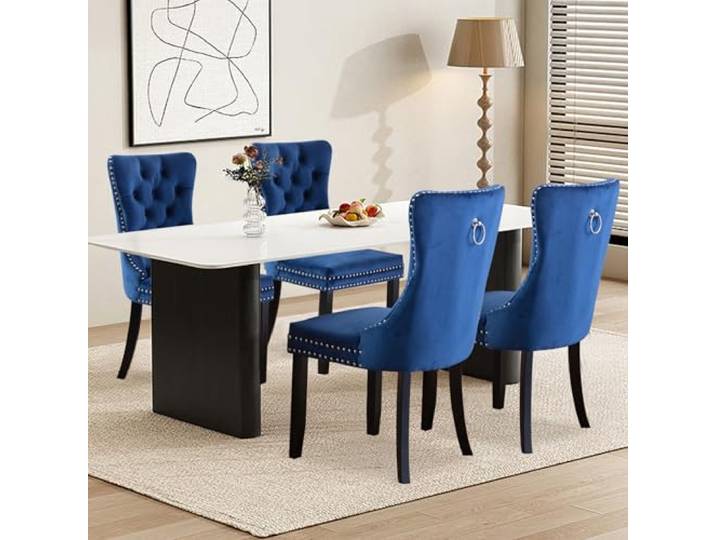 SoarTalent 4er Set Esszimmerstühle Samt gepolstert Nagelkopf, Blau Samt gepolstert, Nagelkopfbesatz, Massivholzbeinen, Metall-Ziehring, für Esszimmer & Wohnzimmer