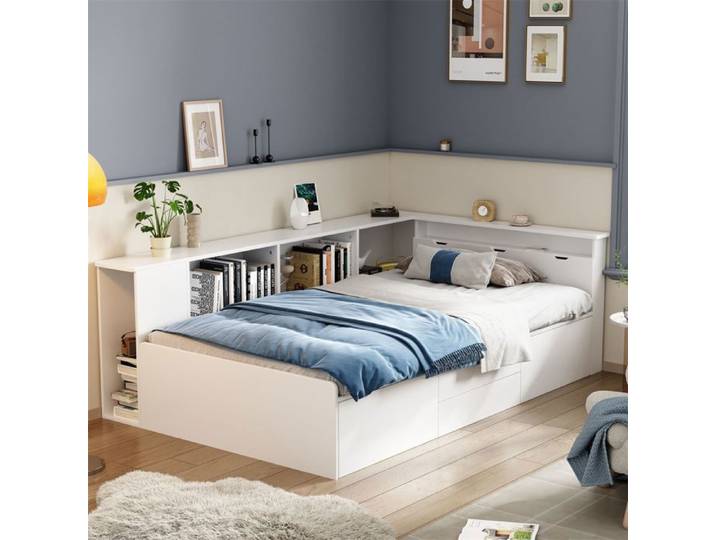 DRIPEX Lit enfant 90×200cm multifonctionnel avec 4 tiroirs Lit simple avec espace de rangement Blanc