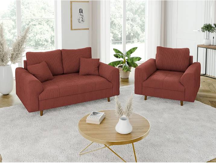 S-Style Möbel Maya - Polstergarnitur 2+1 mit Braun Holzfüßen im skandinavischen Stil aus Cord-Stoff - Terrakotta