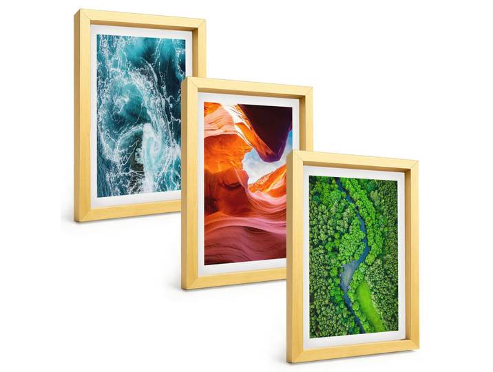 Tulup Bilder SET 3er Set - 20x30 cm Goldrahmen - Wasserbewegung Canyon grüner Wald, Goldfarben, Kunststoff, Rechteckig, 20x30 cm, Fotografie, Bilder & Rahmen, Bilder